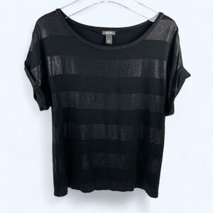 Kenneth Cole Reaction Women's Black Stripe Blouse Medium Shiny Cap Sleeves